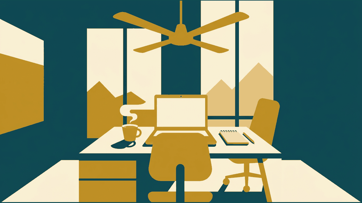 Flat illustration of a laptop, a coworking desk and a coffee cup under a ceiling fan, deep teal and gold