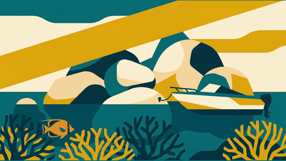 Flat illustration of granite boulders in clear water, a speedboat, coral heads and a coral reef fish, deep teal and gold