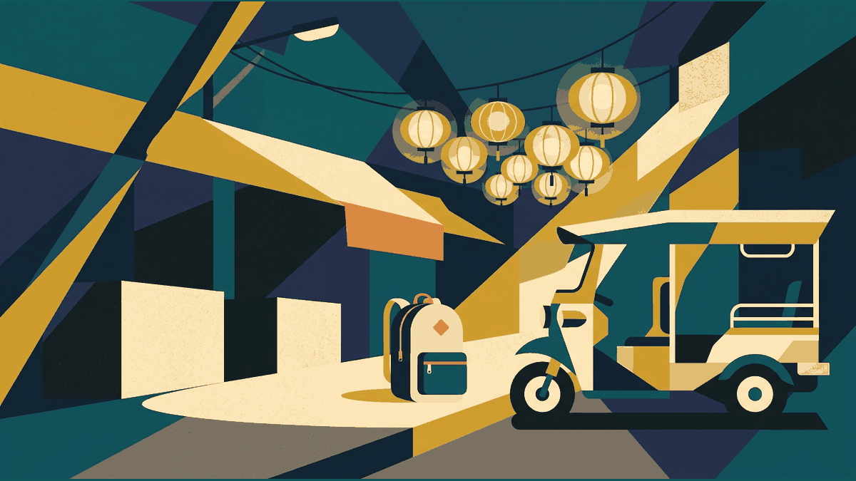 Flat illustration of a lone backpack, a lit night market street and a motorbike taxi, deep teal and gold