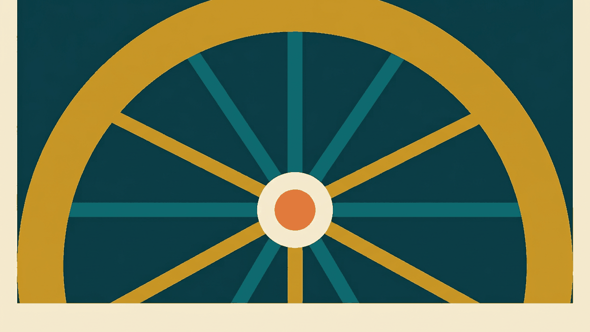Flat illustration of a crowd with water buckets and soaked clothing at a Thai temple gate festival, deep teal and gold