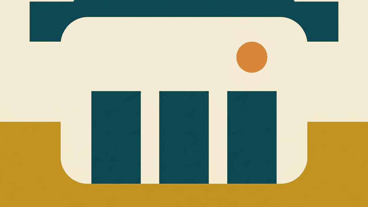 Flat illustration of a songthaew truck with a roof rack and bench seats on a roadside, deep teal and gold