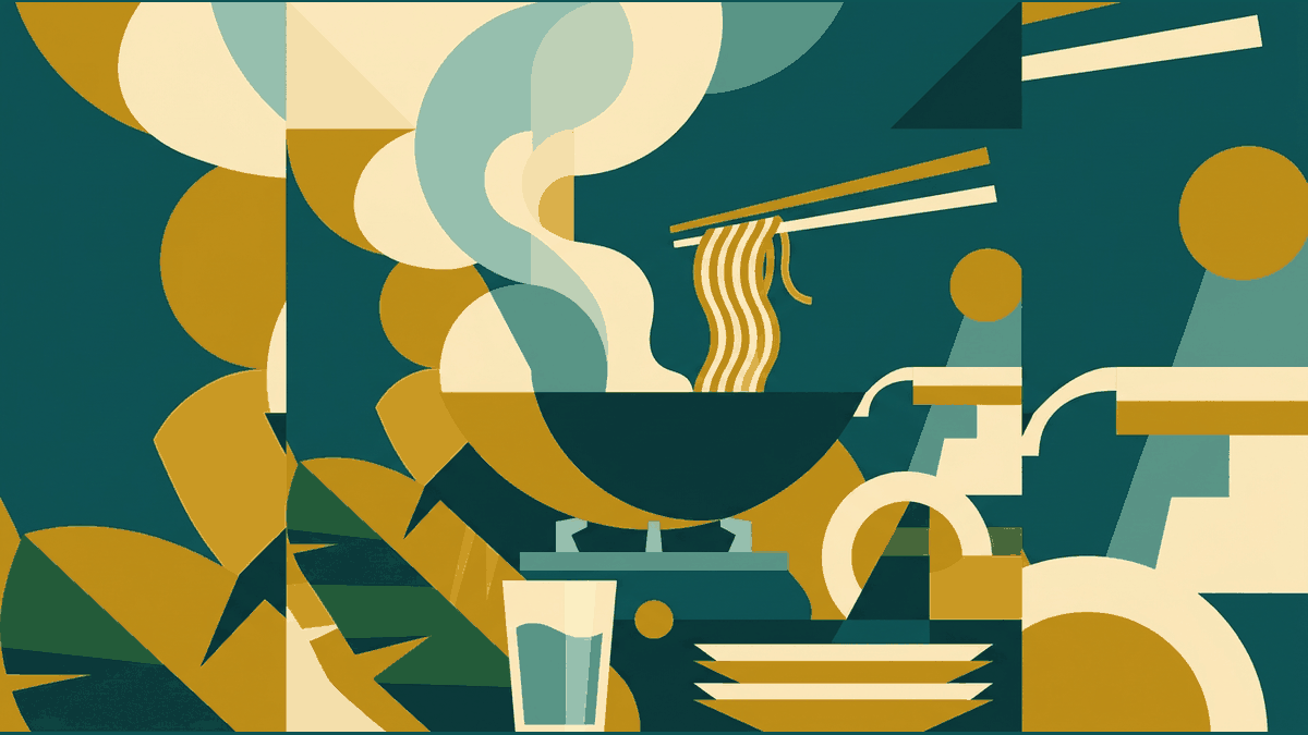 Flat illustration of a street food wok with steam, chopsticks and a glass of water, deep teal and gold
