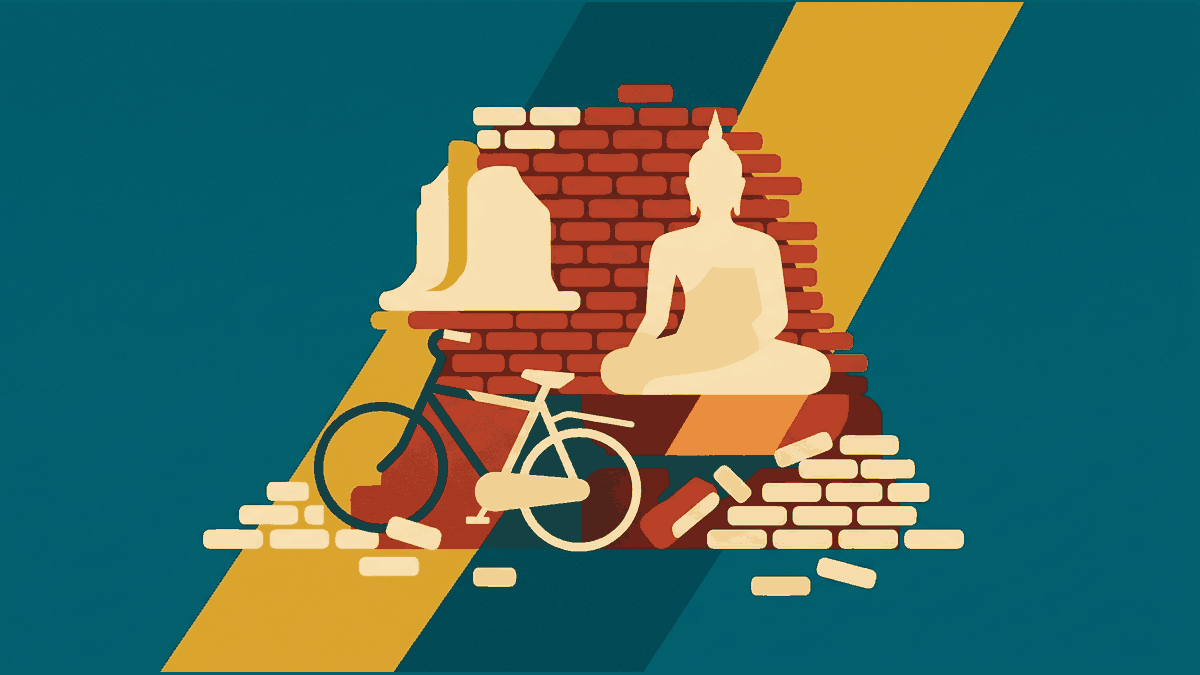 Flat illustration of a ruined brick temple, a bicycle and a seated Buddha silhouette, deep teal and gold