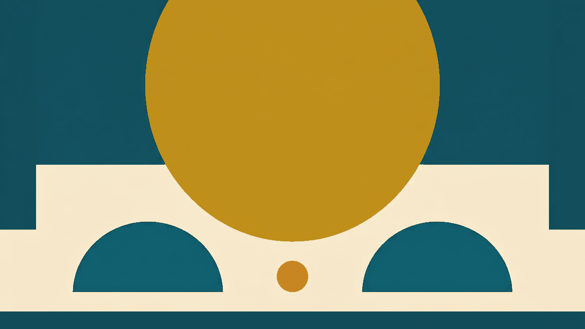 Flat illustration of an open-air temple courtyard with a seated monk and visitors sitting respectfully apart, deep teal and gold