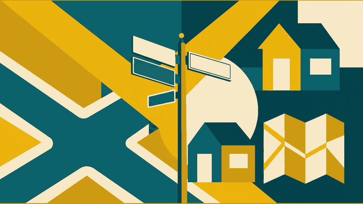 Flat illustration of a street sign post, a corner junction, a numbered house and a map grid, deep teal and gold