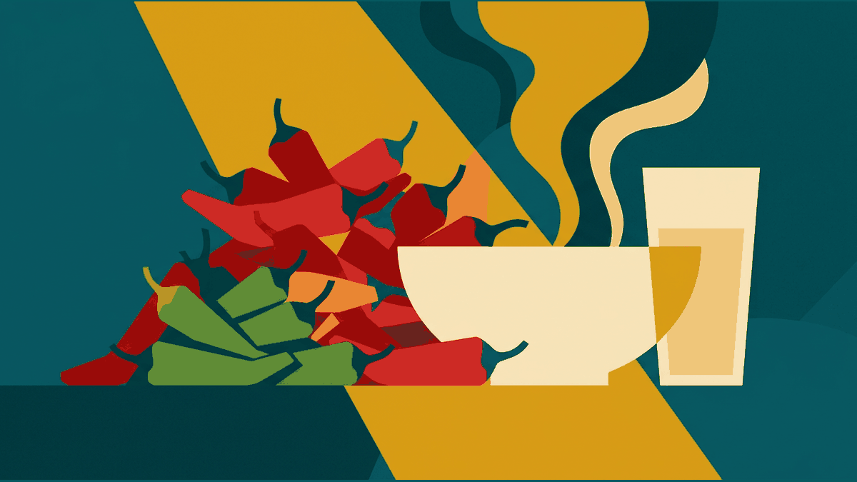 Flat illustration of a heap of red and green chillies, a bowl of soup with steam and a glass of water, deep teal and gold
