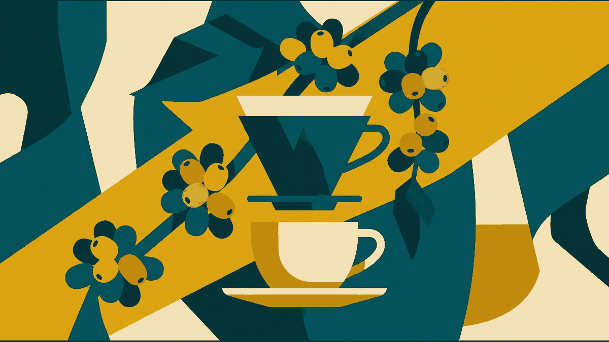 Flat illustration of coffee cherries on a branch, a pour-over dripper, a paper filter and a cup, deep teal and gold