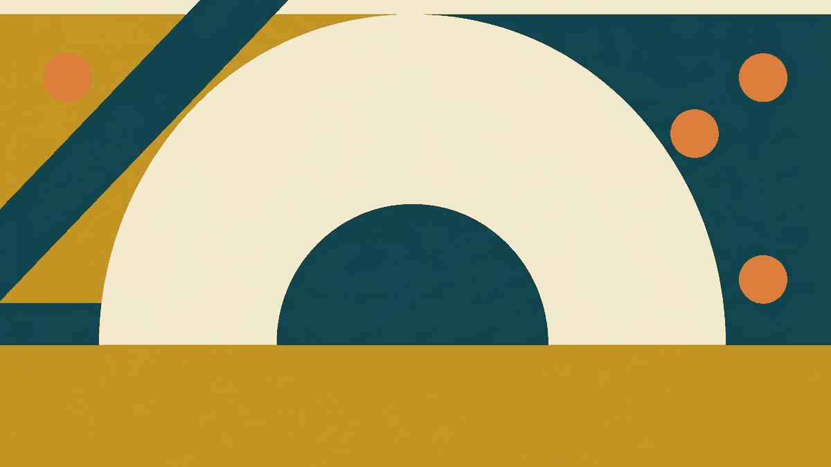 Flat illustration of a wok over a flame with a mortar, pestle and spice bowls beside it, deep teal and gold