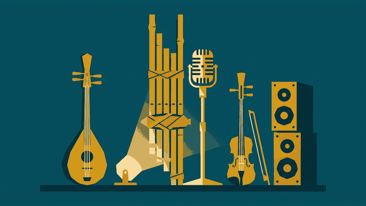 Flat geometric illustration of a free-reed mouth organ, a fiddle, a two-string lute, a microphone stand and a sound system speaker on a small stage, deep teal, mustard and cream