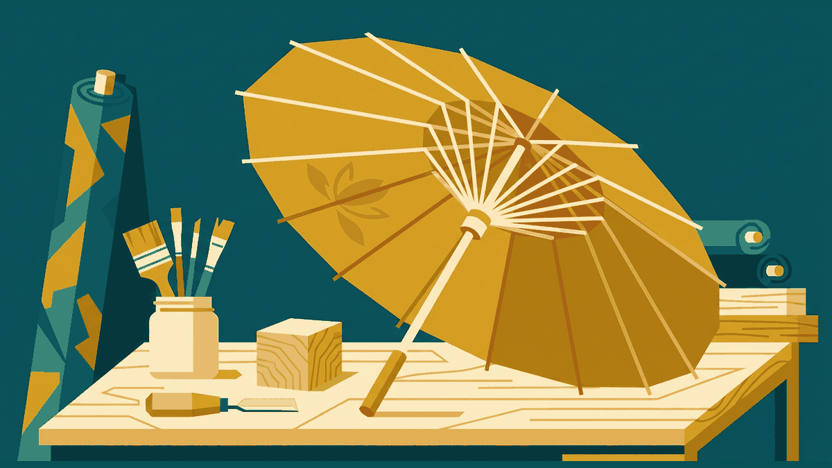 Flat geometric illustration of a paper umbrella stretched over ribs, paint brushes, wood carving tools and a bolt of silk on a workshop bench, deep teal, mustard and cream