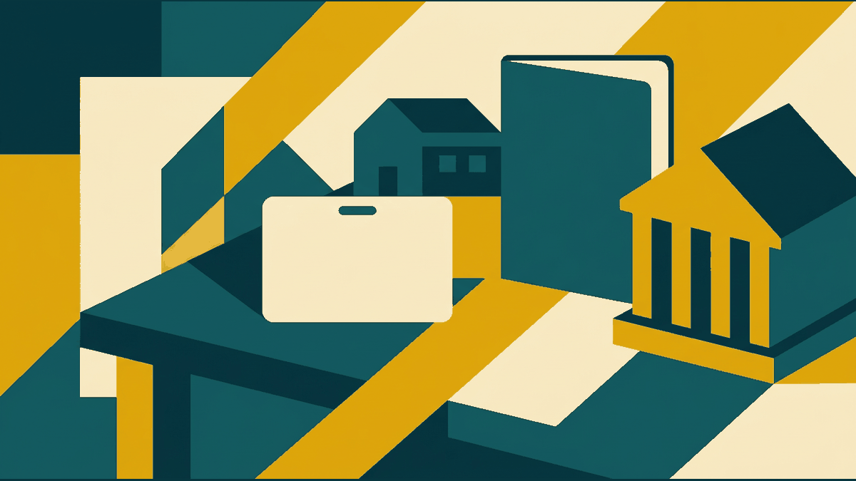 Flat illustration of an identity card, a house, a bank and a passport on a desk, deep teal and gold