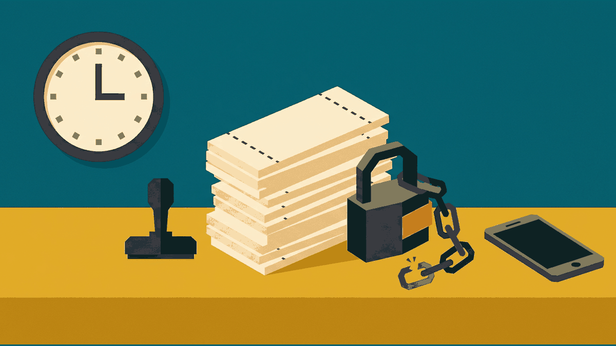 Flat geometric illustration of a paper ticket with a perforated edge on a counter, a wall clock, a stamp and a blocked padlock symbol, deep teal, mustard and cream
