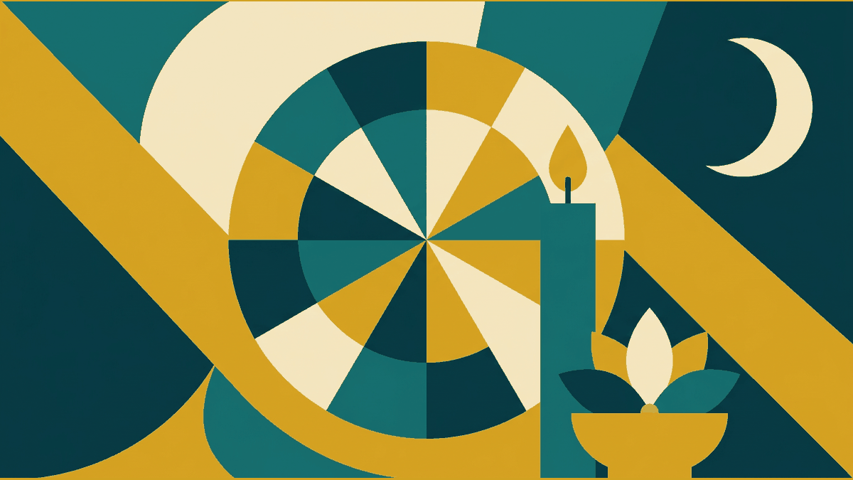 Flat illustration of a waxing moon, a temple calendar wheel, candles and a lotus flower, deep teal and gold
