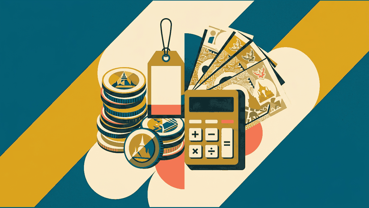 Flat illustration of stacked coins, a price tag, a calculator and a bunched bundle of notes, deep teal and gold