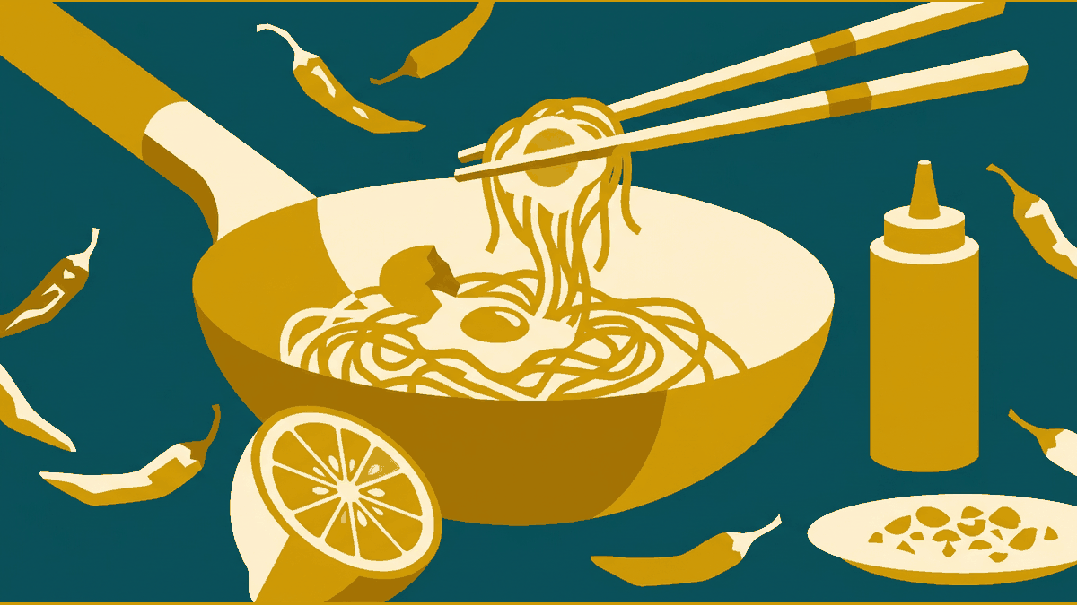 Flat illustration of a street wok, a tangle of noodles, a lime wedge and a squeeze bottle, deep teal and gold