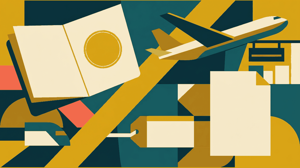 Flat illustration of a passport with a stamp, an airport departure gate, a boarding pass and a form, deep teal and gold