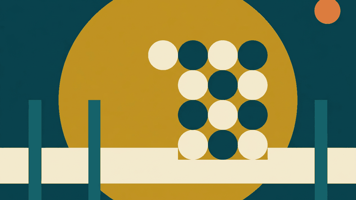Flat illustration of a rice plate with a small array of side dishes, a spoon and fork, and a bowl of soup, deep teal and gold
