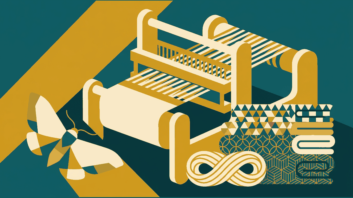 Flat illustration of a silk loom, folded bolts of cloth, a skein of thread and a moth, deep teal and gold