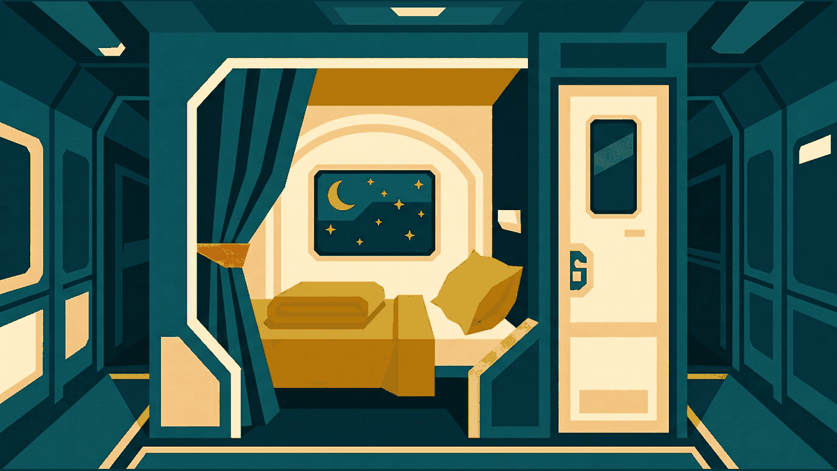 Flat geometric illustration of a night train carriage corridor with a berth, a folded blanket, a small window showing a moon and a curtain, deep teal, mustard and cream