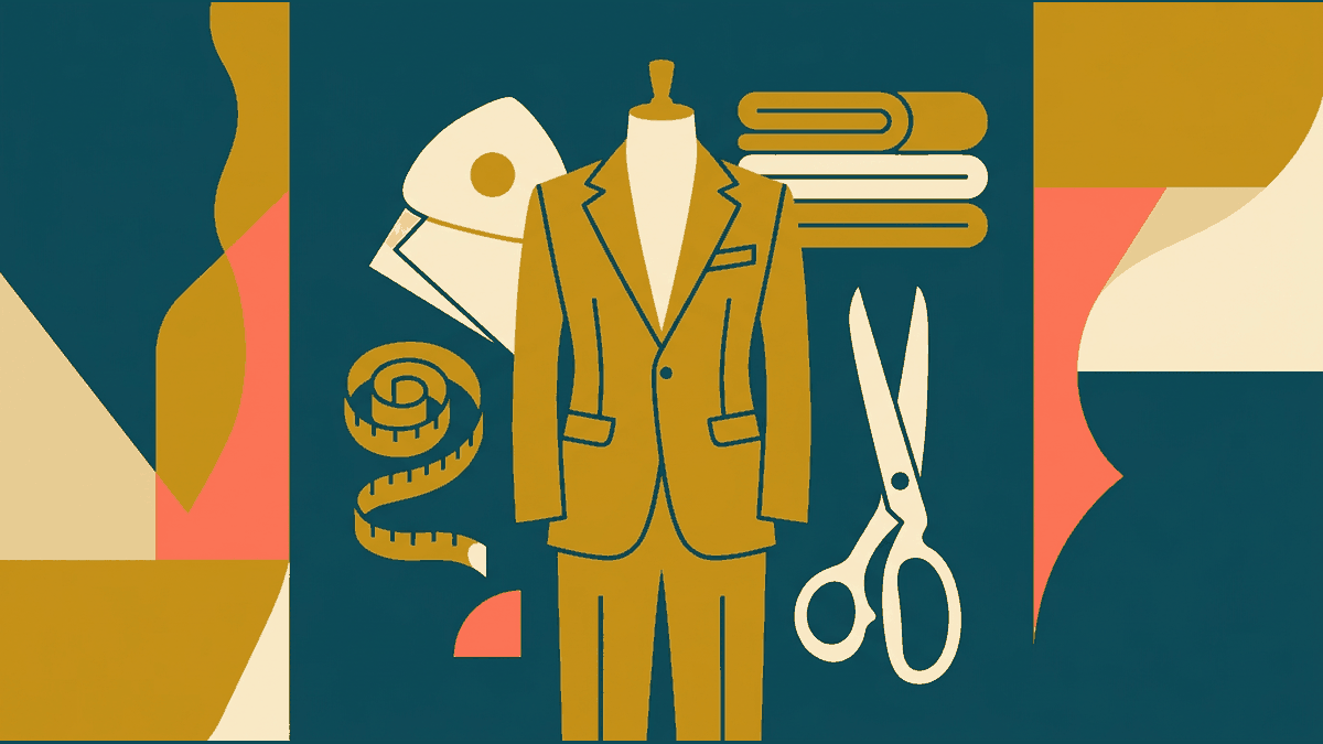 Flat illustration of a tailored suit on a mannequin, a tape measure and scissors, deep teal and gold