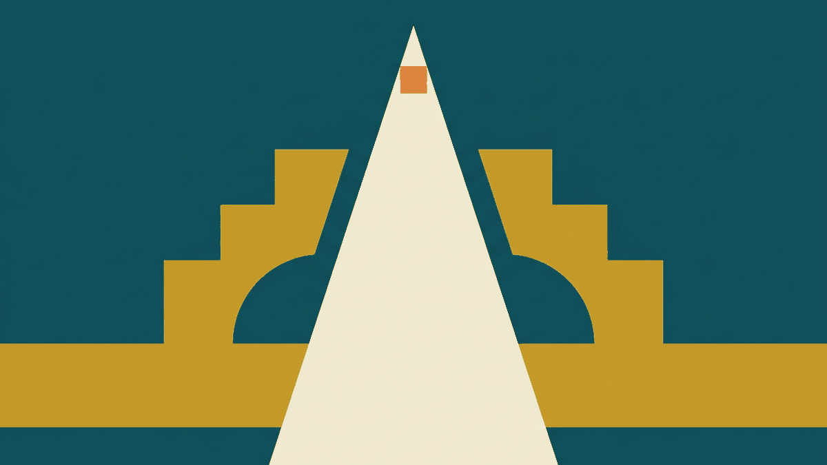 Flat illustration of a temple gate with a sign and a folded sarong waiting on a bench, deep teal and gold