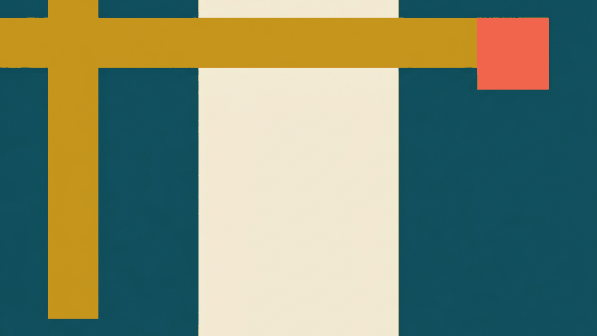 Flat illustration of an immigration office desk with a passport, a TM6 card and a queue of people waiting, deep teal and gold