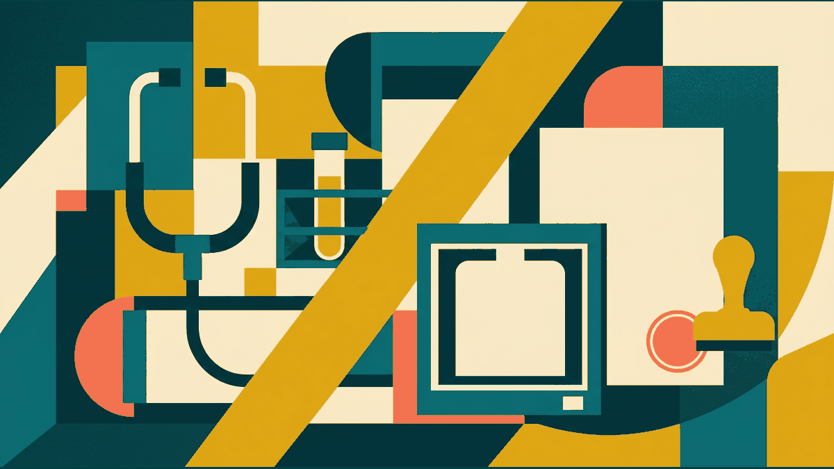 Flat illustration of a stethoscope, a blood test vial, a chest x-ray frame and a stamped form, deep teal and gold