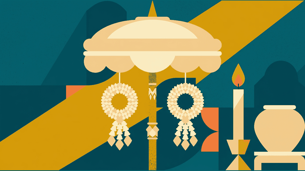 Flat illustration of a wedding canopy, flower garlands, a candle and a cremation urn, deep teal and gold