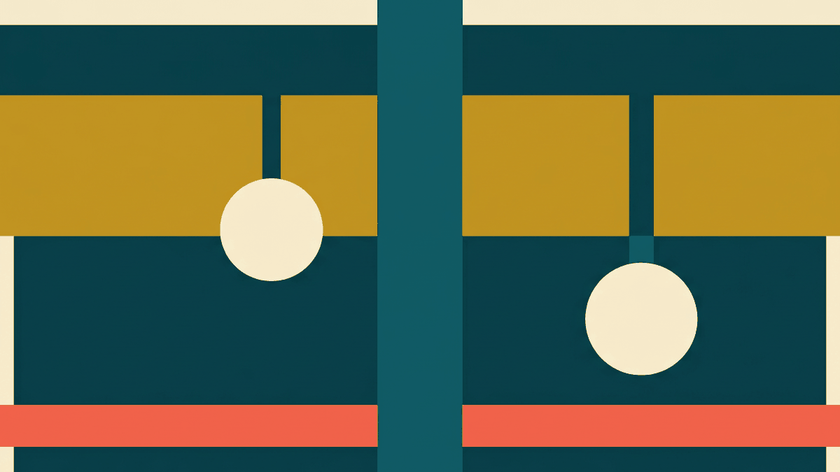 Flat illustration of a work permit card, a stamped form and a set of scales weighing documents, deep teal and gold