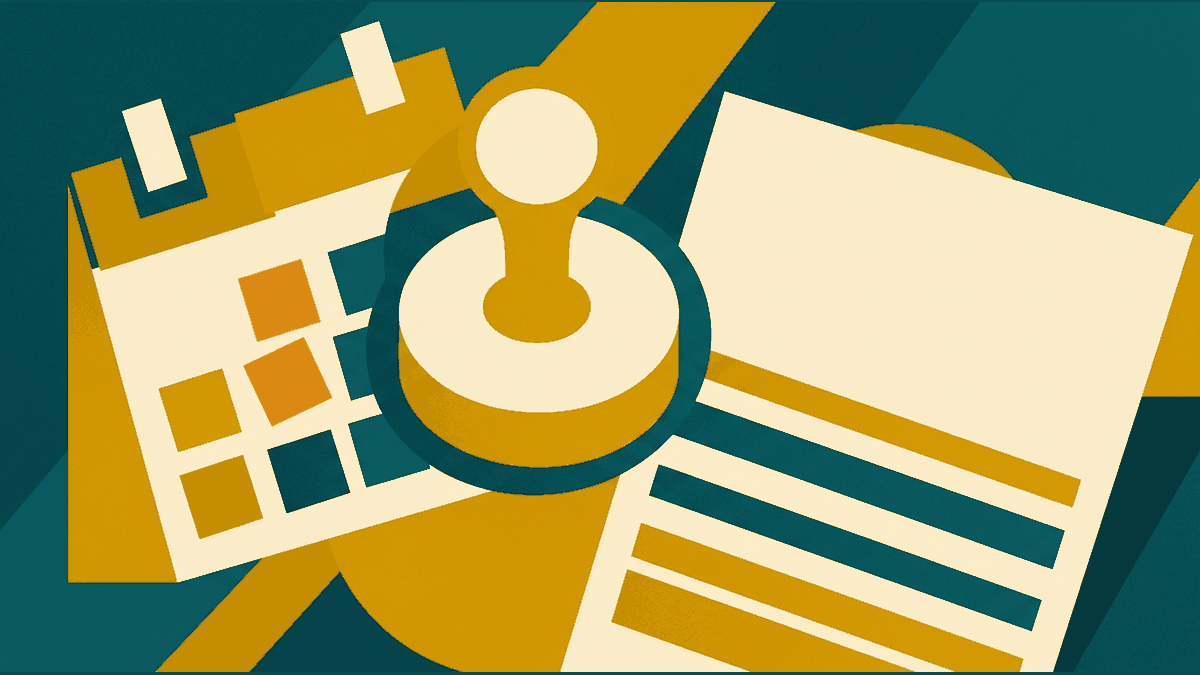 Flat illustration of a rubber stamp, a residence form and a calendar grid with three blocks marked, deep teal and gold
