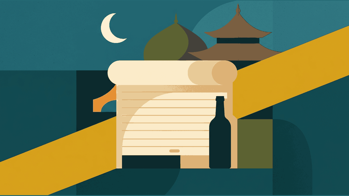 Flat illustration of a shop shutter at dusk, a bottle silhouette and a crescent and temple roofline, deep teal and gold