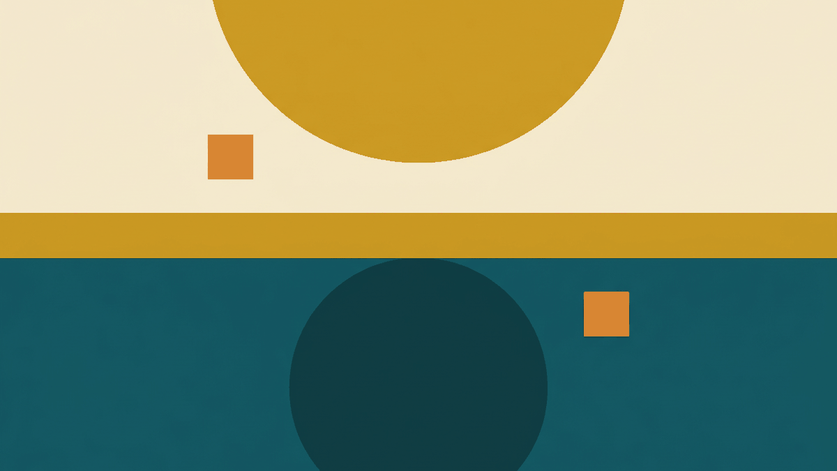 Flat illustration of a border checkpoint booth, a stamp and two passports side by side, deep teal and gold