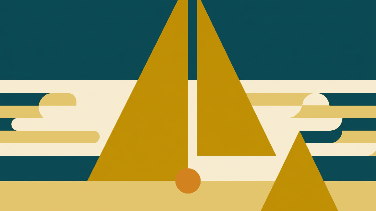 Flat illustration of a cold morning mountain scene with mist in valleys and a jacket over a temple roof, deep teal and gold