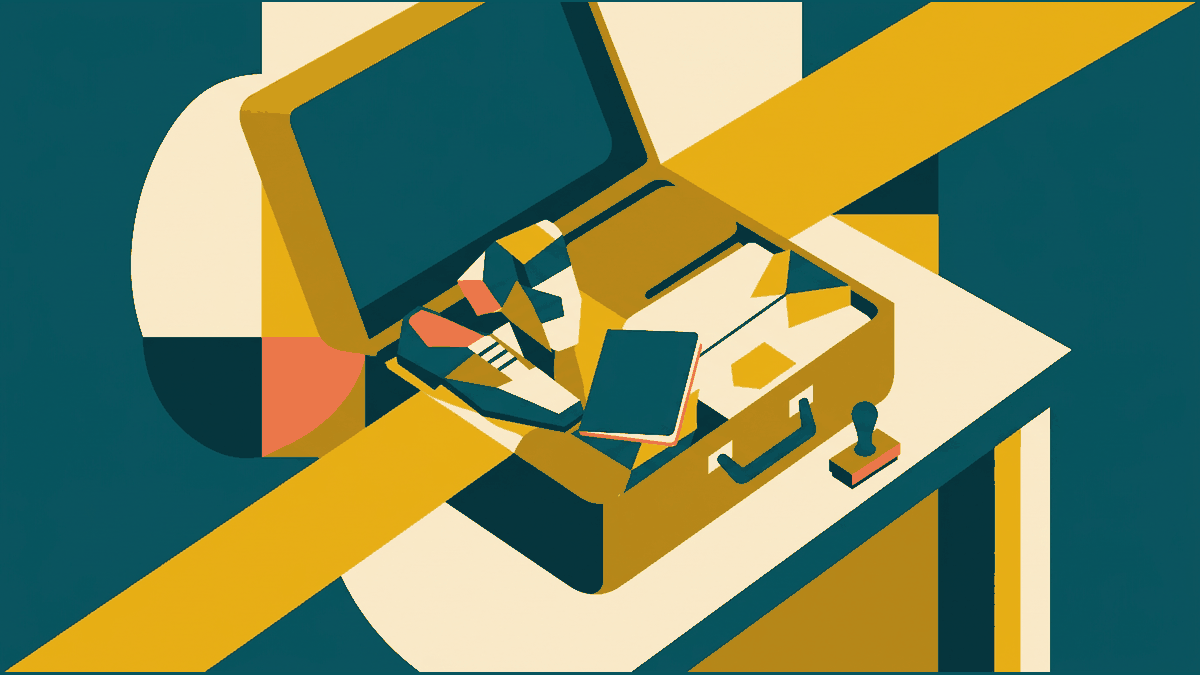 Flat illustration of a passport, a suitcase on a conveyor, a stamp and a customs counter, deep teal and gold