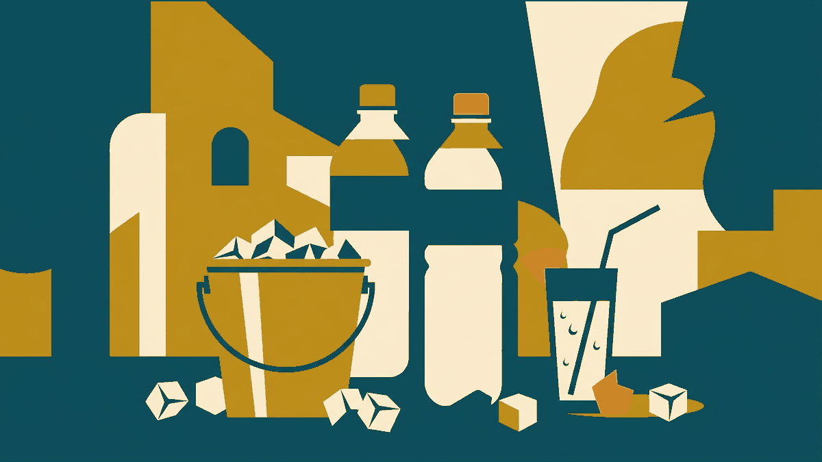 Flat illustration of a water bottle, a glass with ice and a tap, deep teal and gold