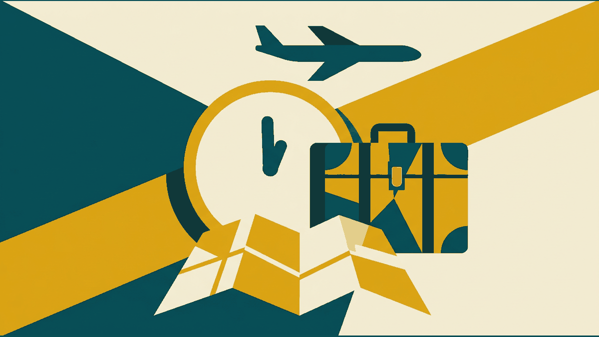 Flat illustration of an airport arrivals hall, a suitcase, a map and a clock face, deep teal and gold