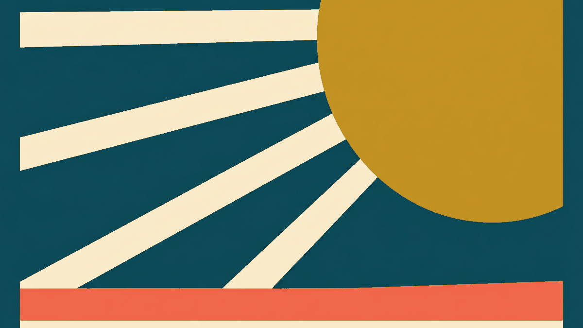 Flat illustration of a sun over dry cracked ground with a water bottle and a temple roof, deep teal and gold