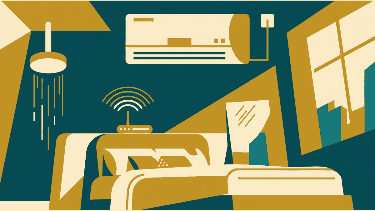 Flat illustration of a hotel room window with an air conditioning unit and a showerhead, deep teal and gold