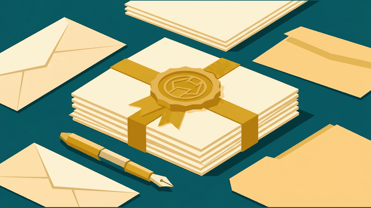 Flat geometric illustration of a stack of certificates bound with a ribbon, a round embossed seal, a pen and an official envelope, deep teal, mustard and cream