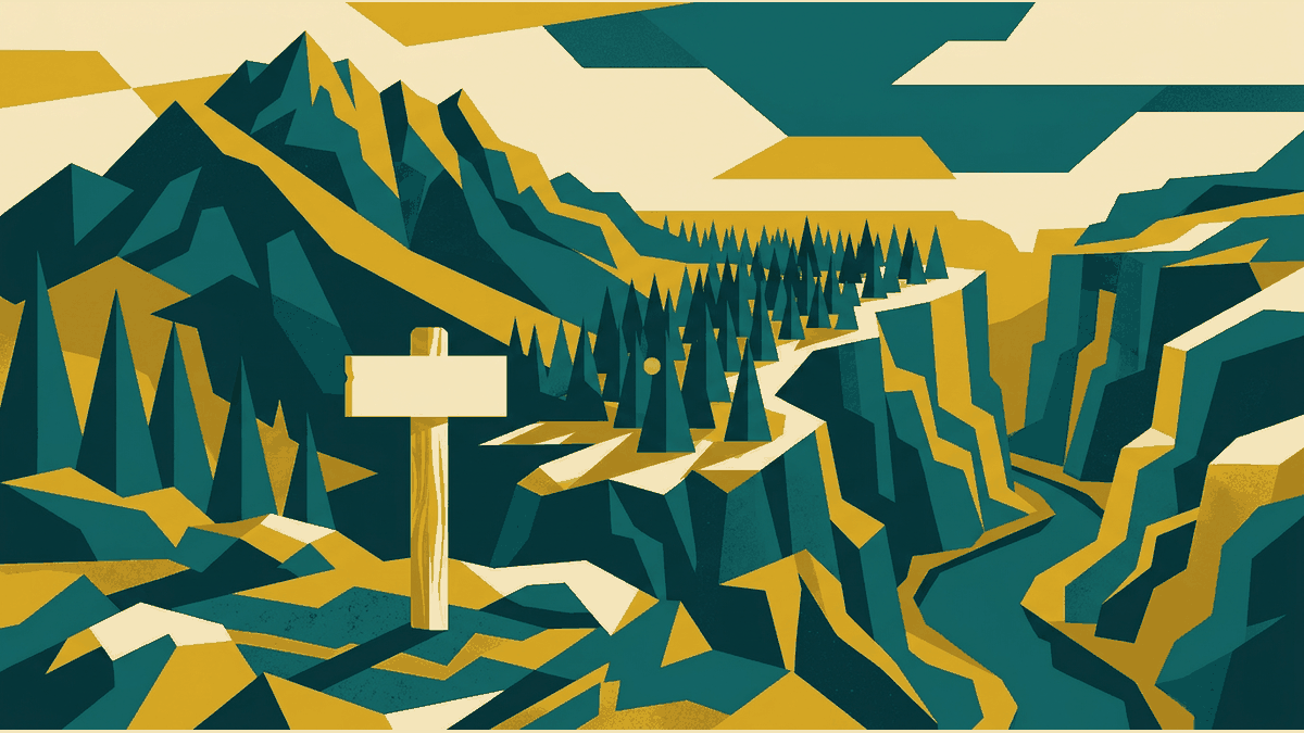 Flat illustration of a mountain ridge, a river gorge, a forest canopy and a trail marker post, deep teal and gold