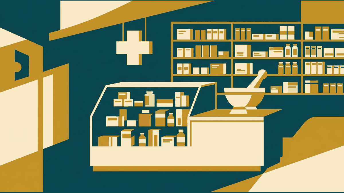 Flat illustration of a pharmacy counter with a mortar, a pill organiser and a cross on the wall, deep teal and gold