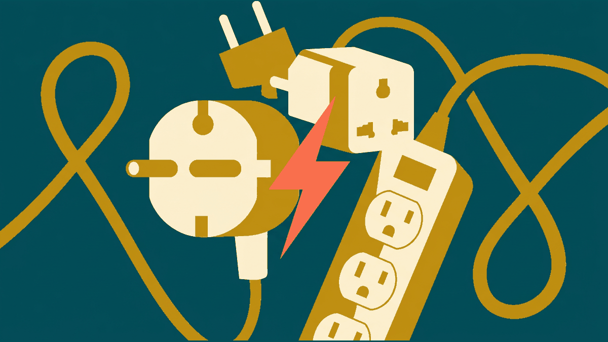 Flat illustration of a plug shape, a socket and a power adapter with a cable, deep teal and gold