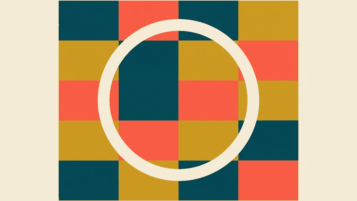 Flat illustration of a calendar grid with several squares filled in bold and one circled, deep teal and gold