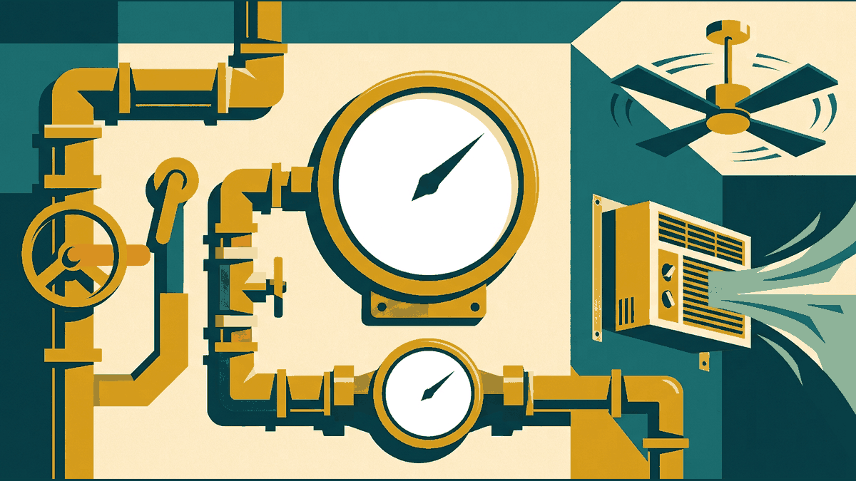 Flat geometric illustration of a round electricity meter, a water meter, a pipe, a fan and a running air conditioner on a plain wall, deep teal, mustard and cream