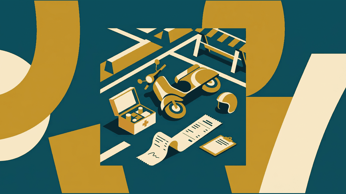 Flat illustration of a fallen scooter, a first aid kit and a hospital receipt with a helmet beside it, deep teal and gold