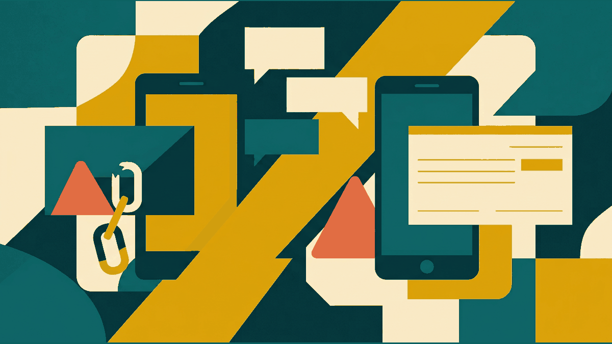 Flat illustration of two phones, a chat screen, a red warning symbol and a bank transfer slip, deep teal and gold