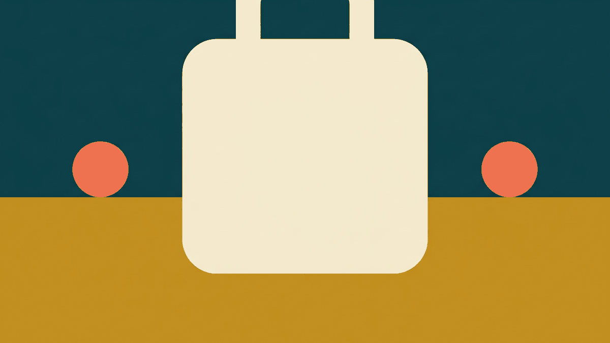 Flat illustration of a plastic shopping bag held at a counter beside coins and a paper bag, deep teal and gold