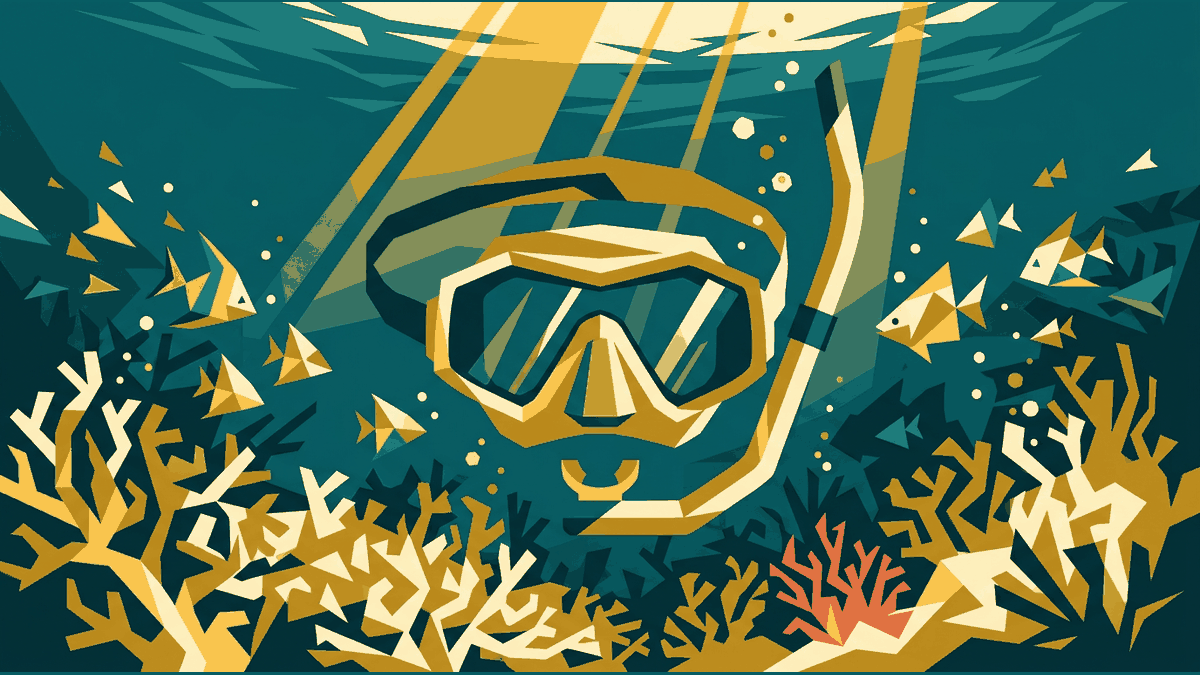 Flat illustration of a snorkel mask, flippers and a reef below the surface in clear water, deep teal and gold