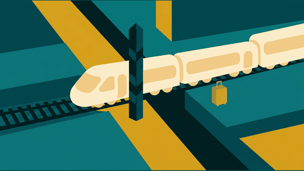 Flat illustration of a train crossing a border marker, two separate platforms and a suitcase between them, deep teal and gold