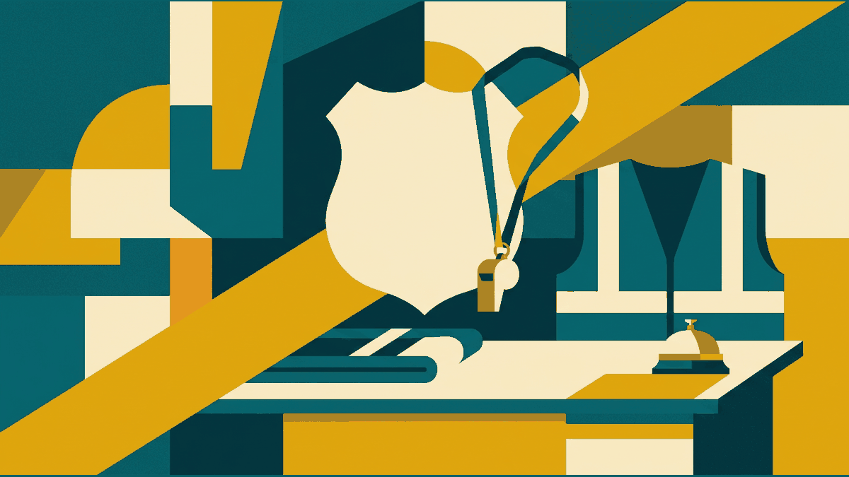 Flat illustration of a police badge shape, a whistle, a patrol vest and a help desk counter, deep teal and gold